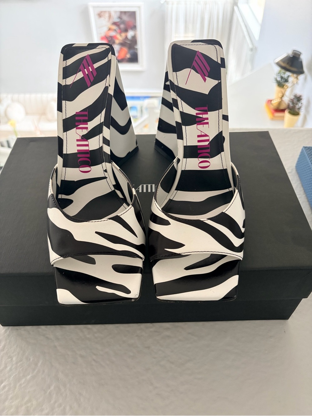 The Attico Black & White Zebra Square-Toe Mules